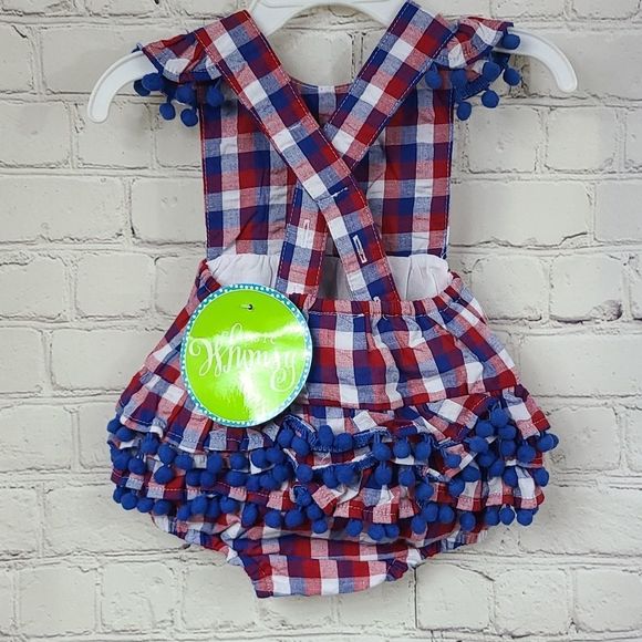 NWT Baby Girl 3M Red White Blue Plaid Pom Ruffle Bubble Romper Outfit 1pc - Picture 5 of 10